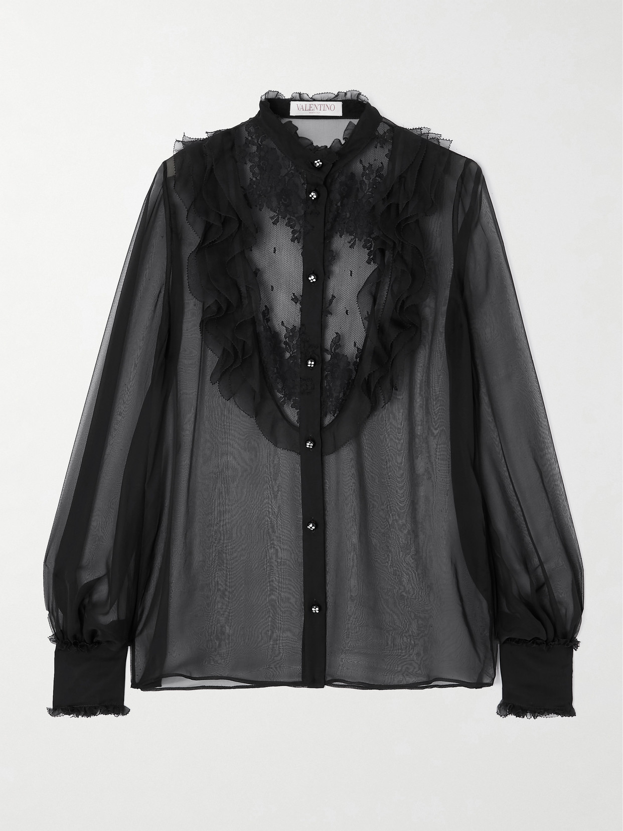 Valentino Ruffled Lace-trimmed Silk-chiffon Blouse In Black