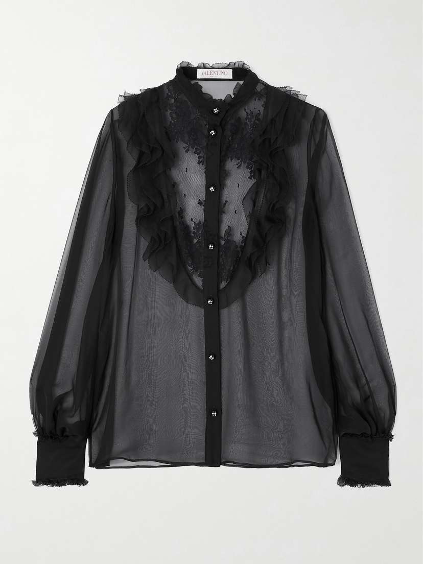 Valentino Garavani Ruffled Lace-trimmed Silk-chiffon Blouse