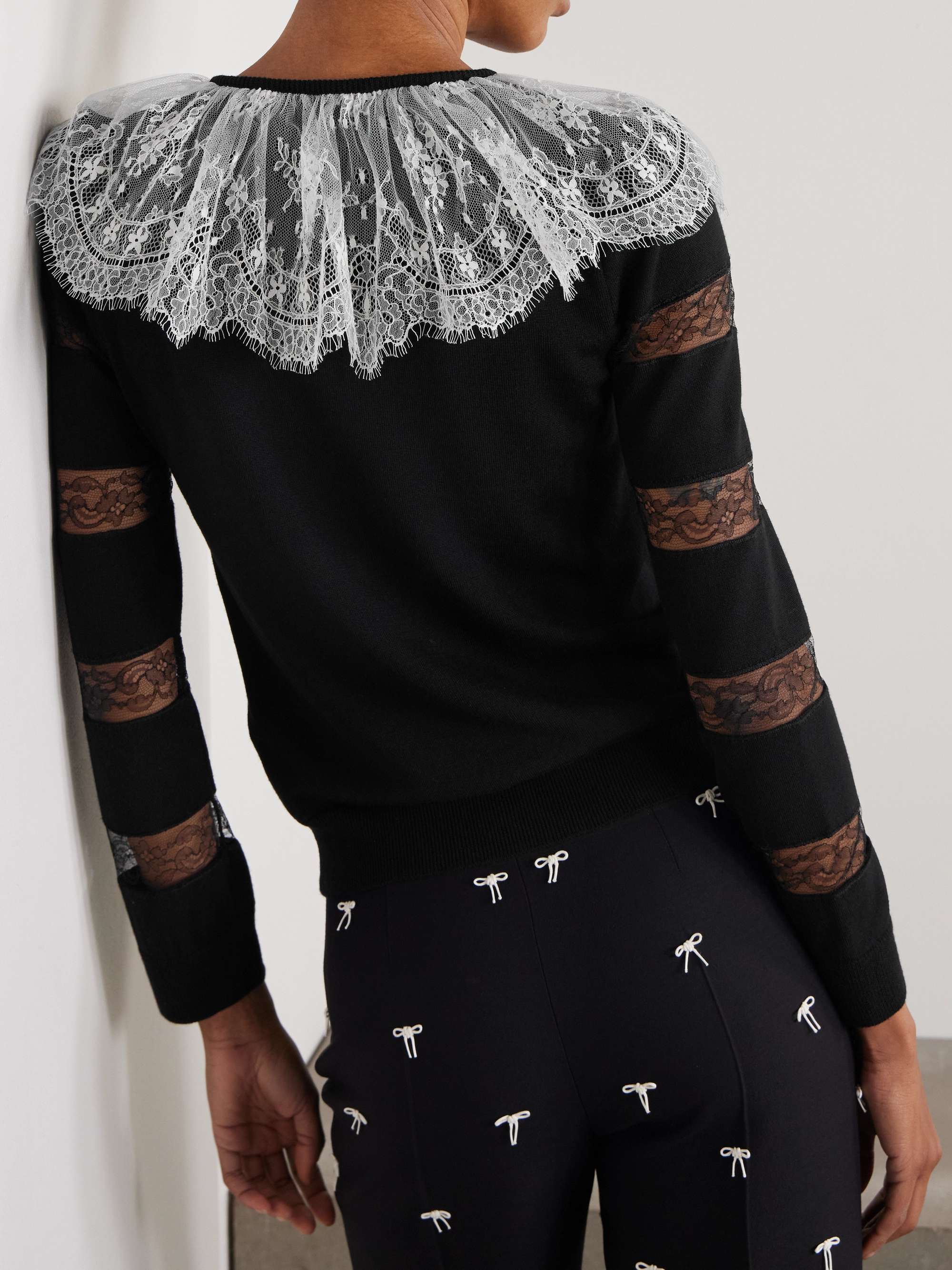 VALENTINO GARAVANI Bow-embellished striped lace-trimmed wool