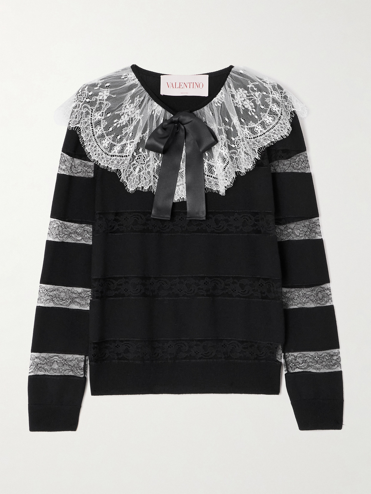 Valentino Bow-embellished Striped Lace-trimmed Wool Sweater In Black