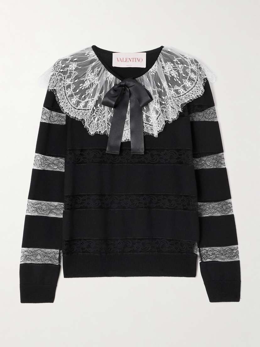 Valentino Garavani Bow-embellished Striped Lace-trimmed Wool Sweater