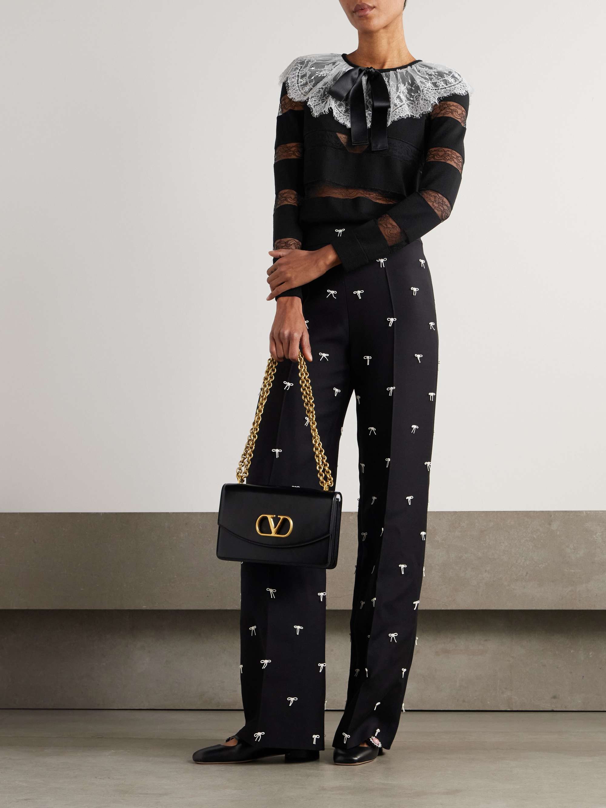 VALENTINO GARAVANI Bow-embellished striped lace-trimmed wool