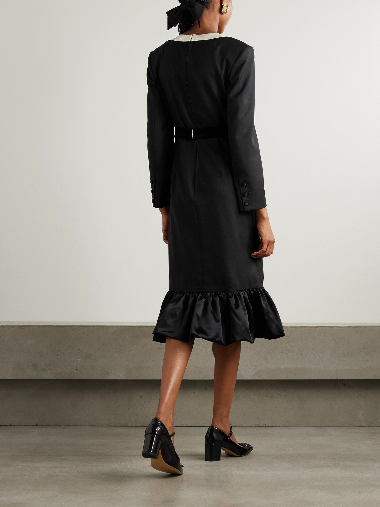 Shop Valentino Belted Bow-embellished Velvet And Ottoman-trimmed Wool Midi Dress In Black