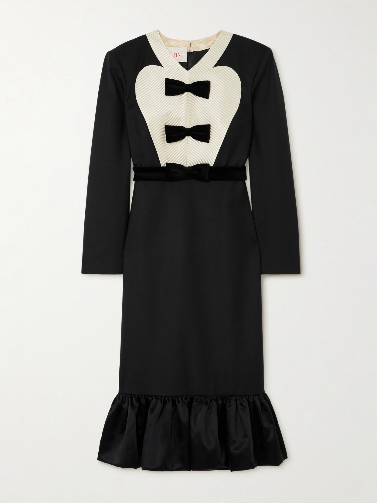Shop Valentino Belted Bow-embellished Velvet And Ottoman-trimmed Wool Midi Dress In Black