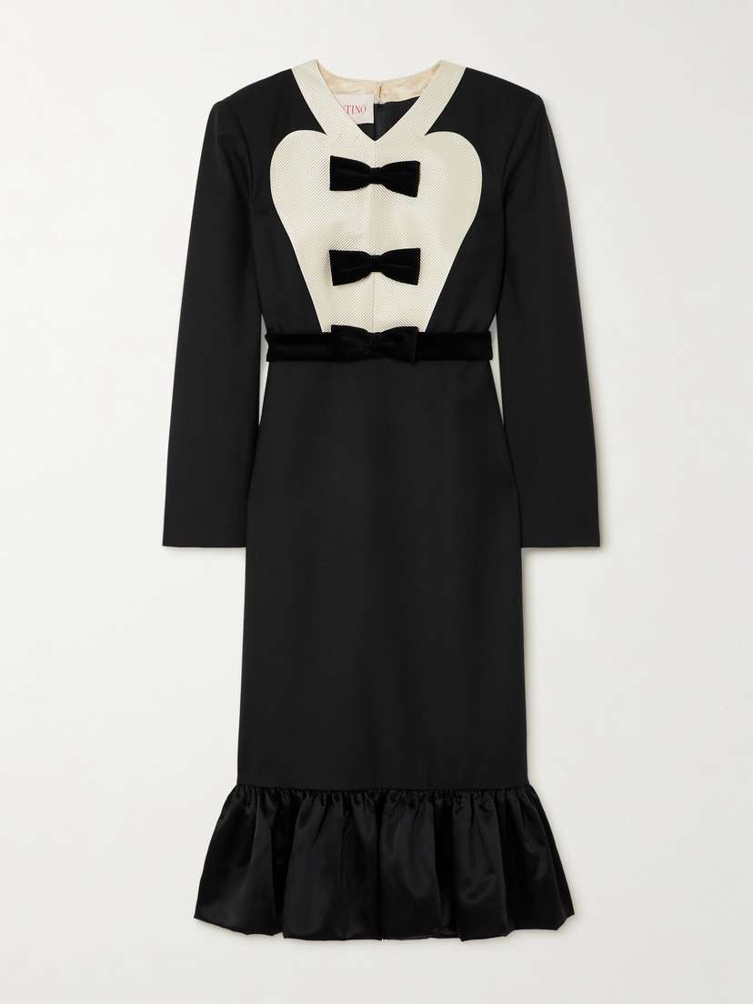 Valentino Garavani Belted Bow-embellished Velvet And Ottoman-trimmed Wool Midi Dress