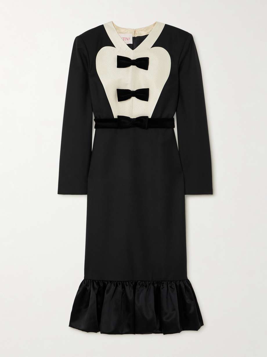belted bow-embellished velvet and ottoman-trimmed wool midi dress