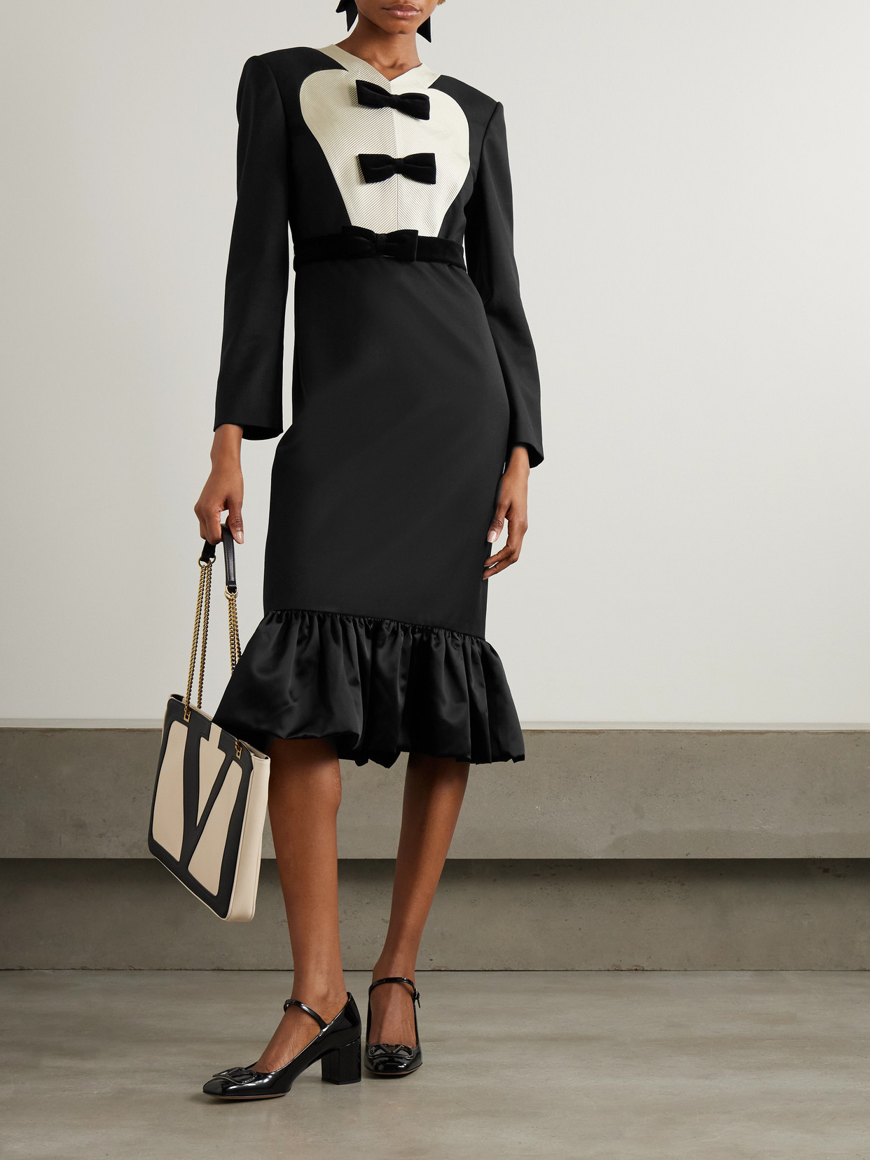 Shop Valentino Belted Bow-embellished Velvet And Ottoman-trimmed Wool Midi Dress In Black