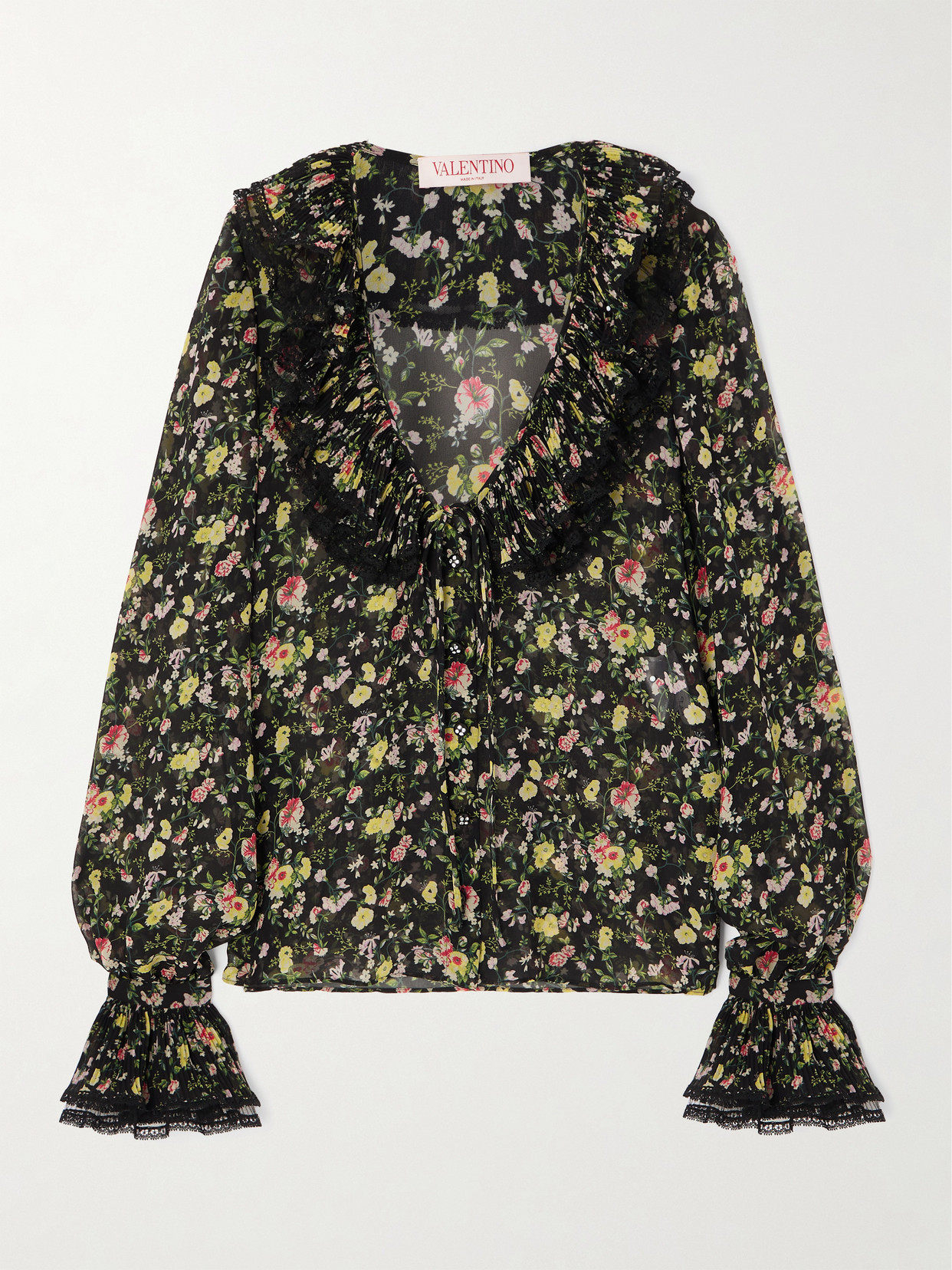 Valentino Semi Sheer Flower Print Blouse In Black