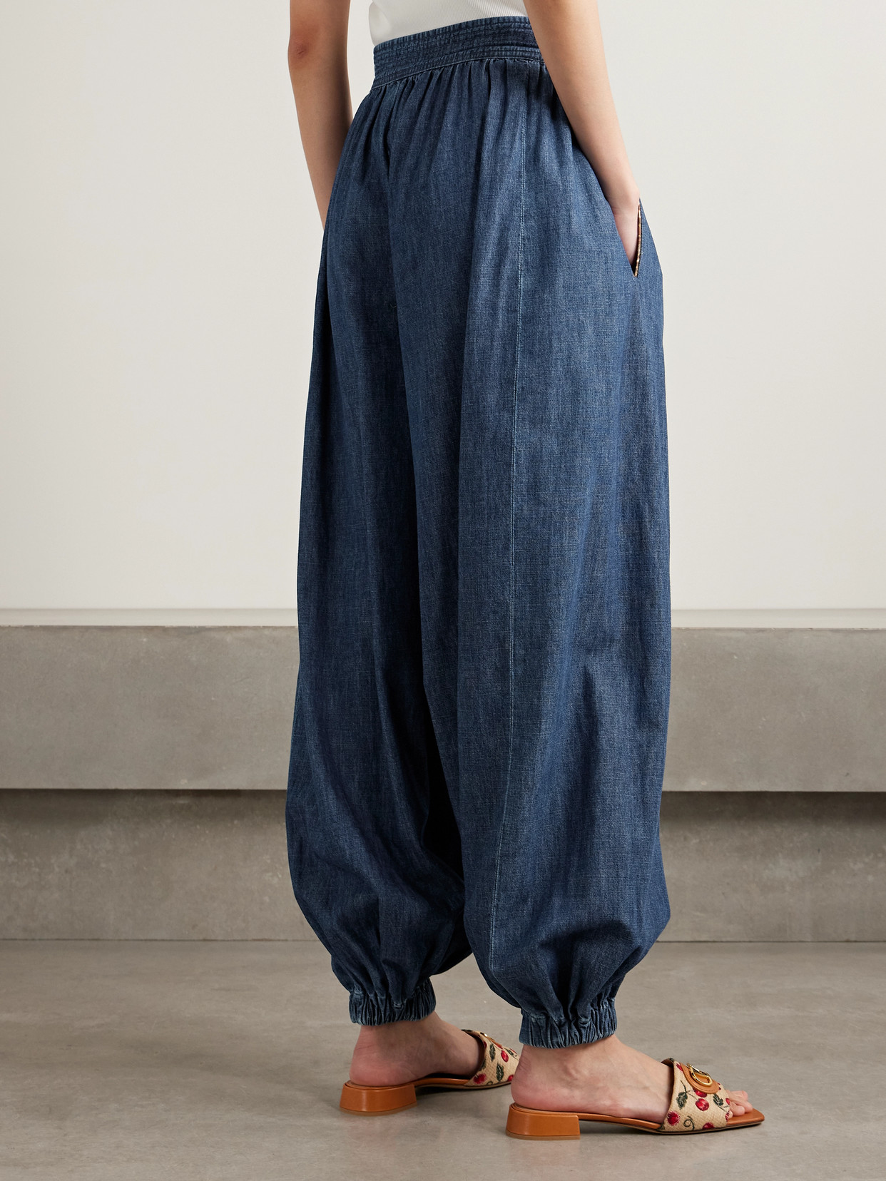 Valentino Tasseled Embroidered Chambray Tapered Pants