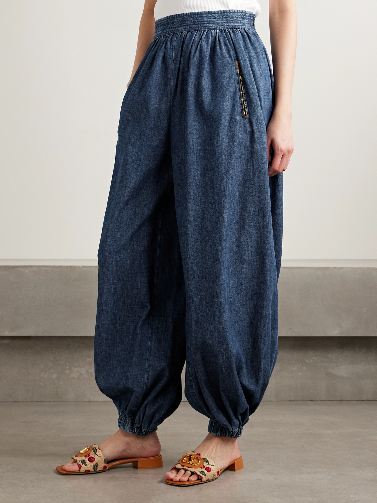 Valentino Tasseled Embroidered Chambray Tapered Pants