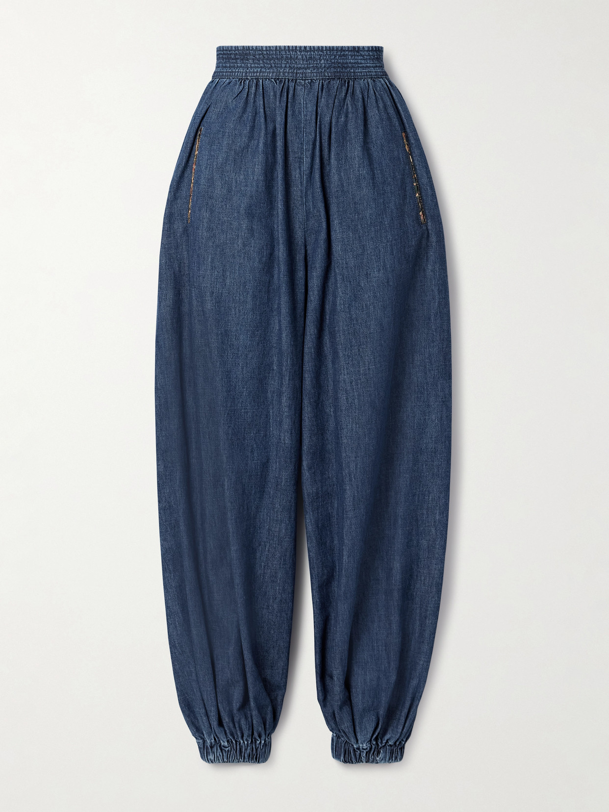 Valentino Tasseled Embroidered Chambray Tapered Trousers