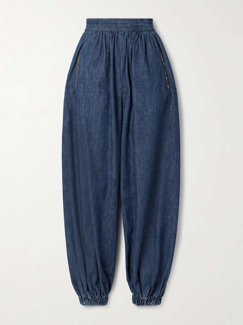 Valentino Garavani Embroidered Chambray Tapered Pants