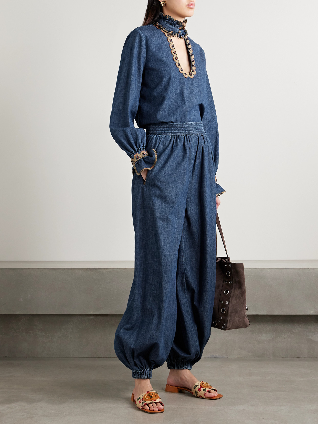 Valentino Tasseled Embroidered Chambray Tapered Pants