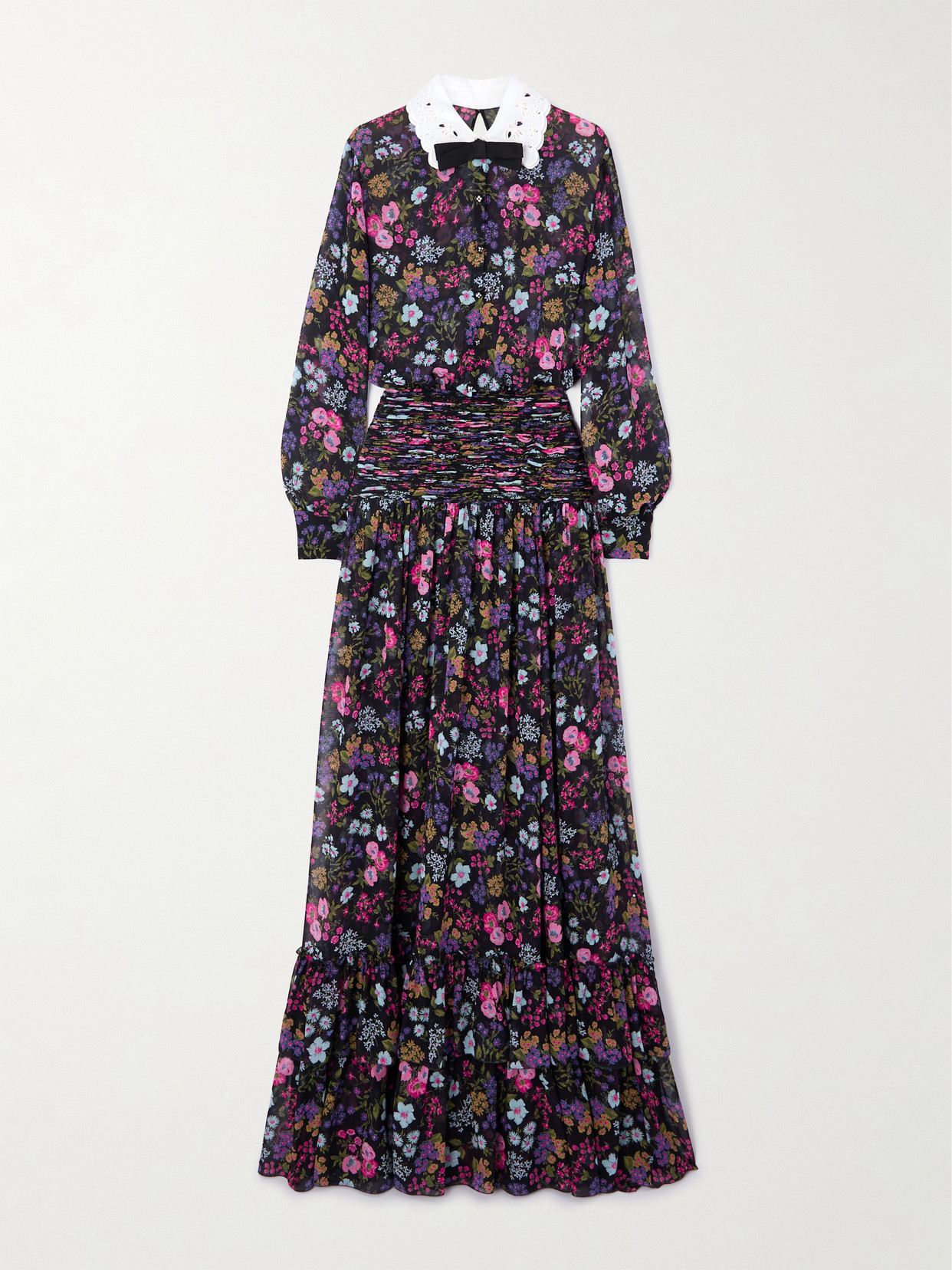 Valentino Broderie Anglaise-trimmed Smocked Floral-print Silk-georgette Maxi Dress In Purple