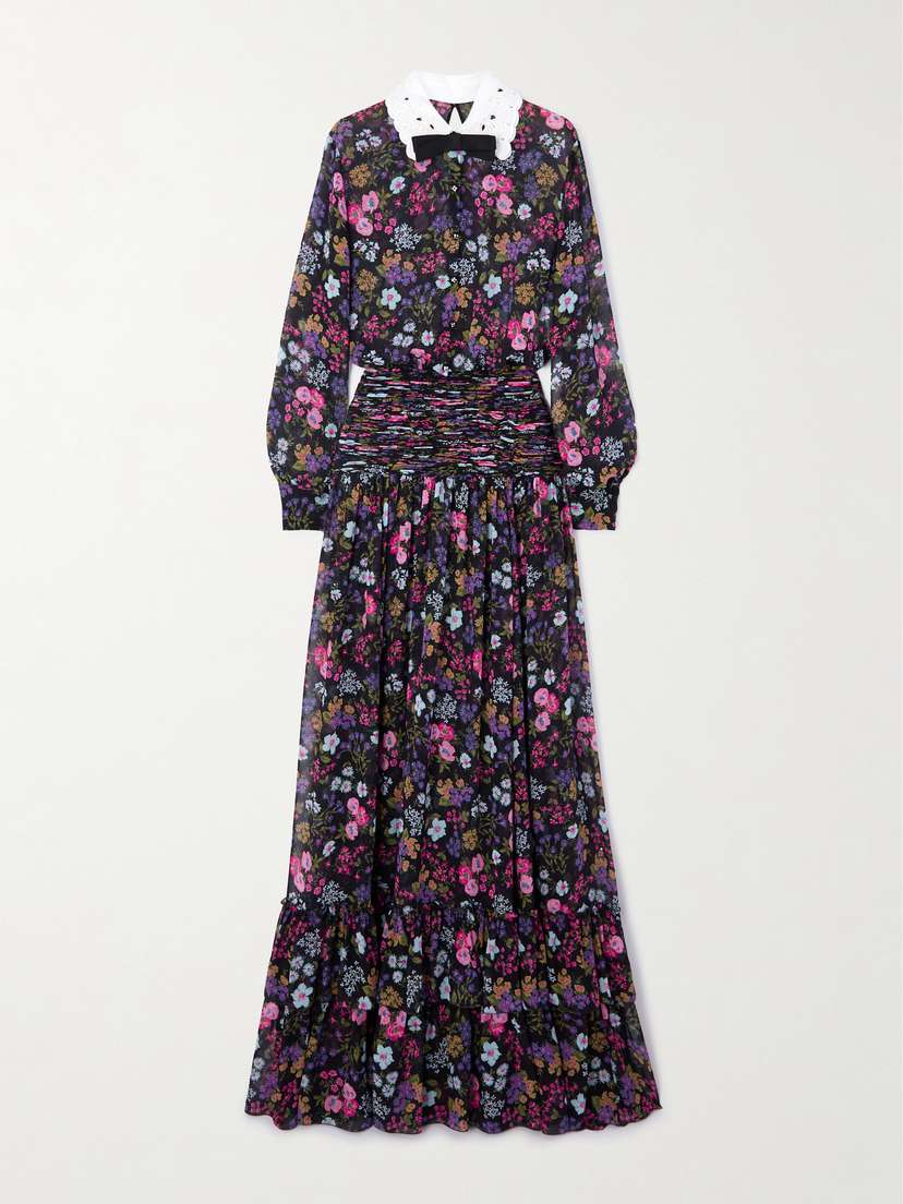 Valentino Garavani Broderie Anglaise-trimmed Smocked Floral-print Silk-georgette Maxi Dress