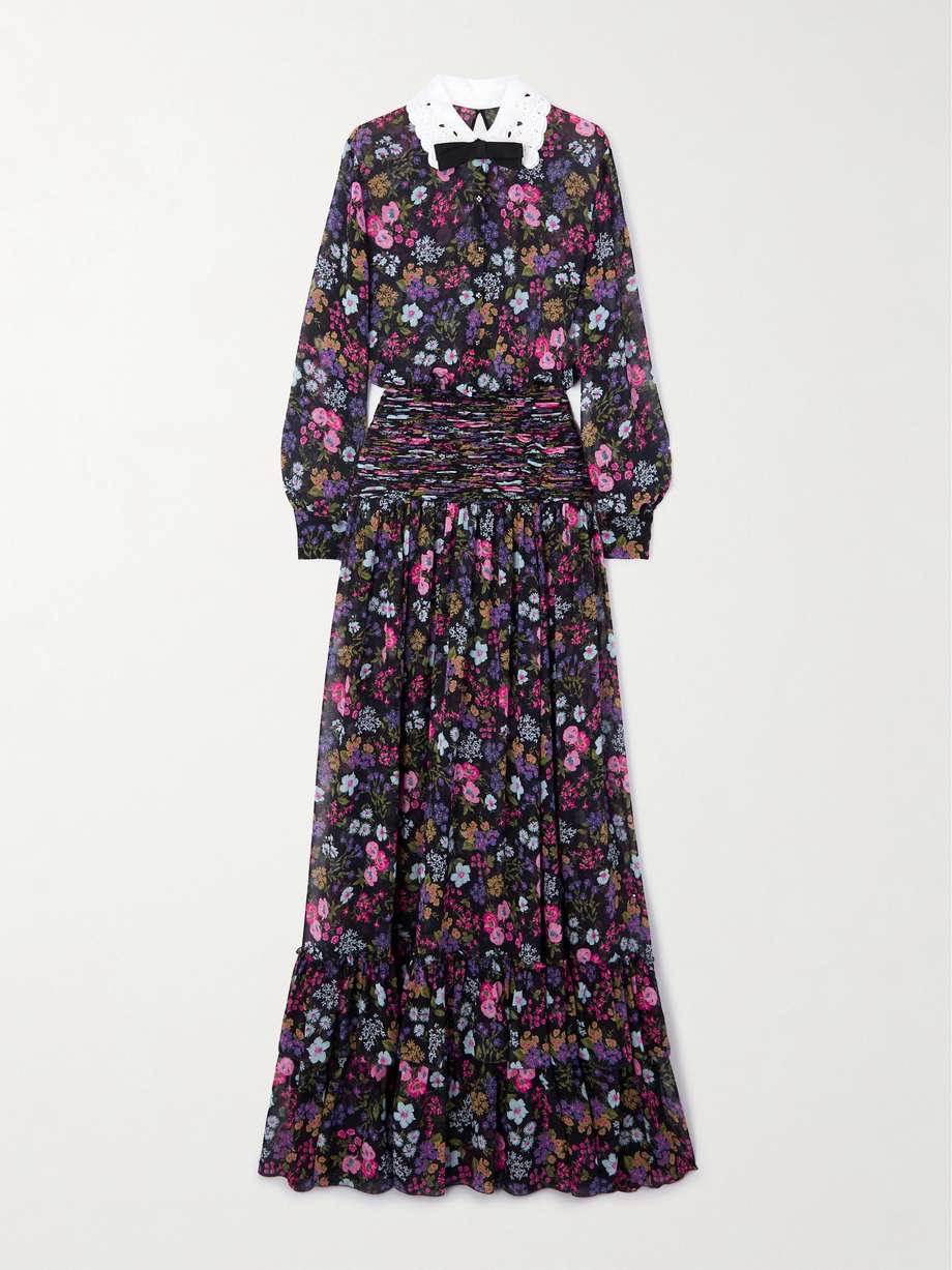 broderie anglaise-trimmed smocked floral-print silk-georgette maxi dress