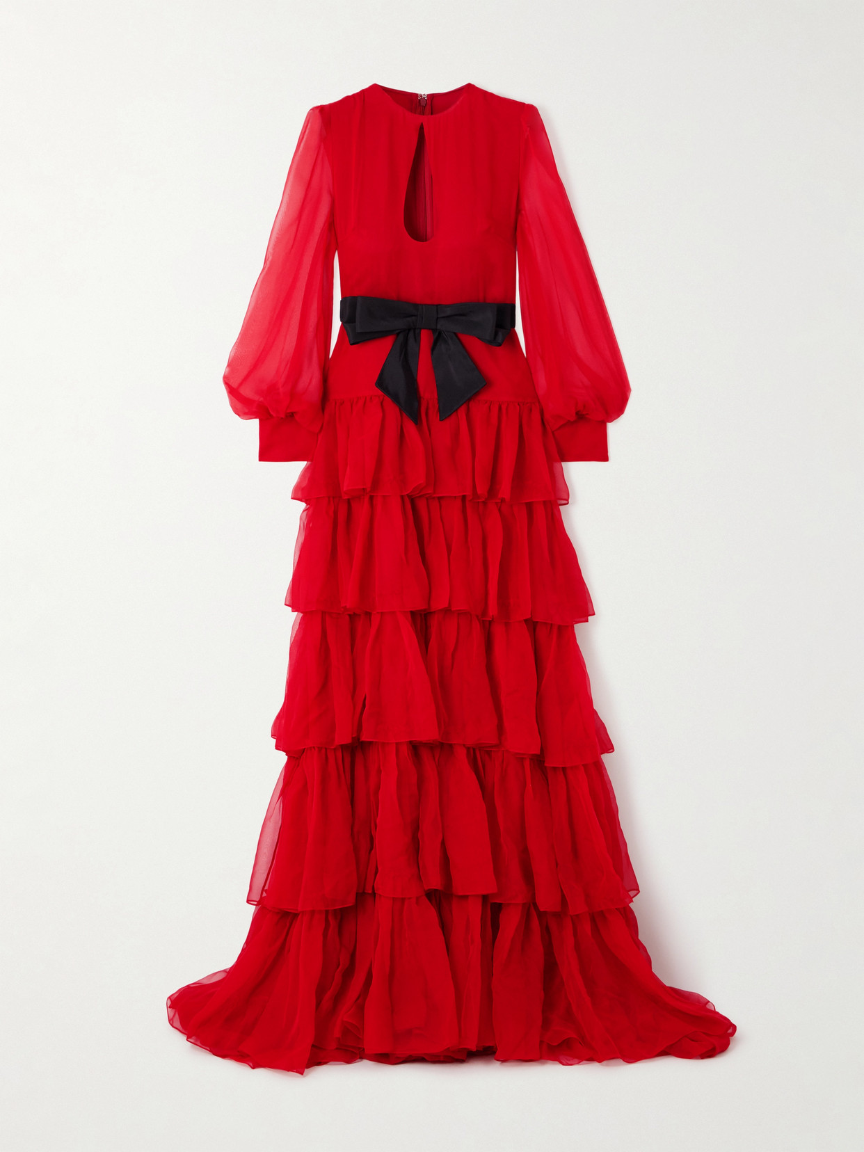 Valentino Ruffled Long Keyhole Chiffon Gown With Bow Detail In Red