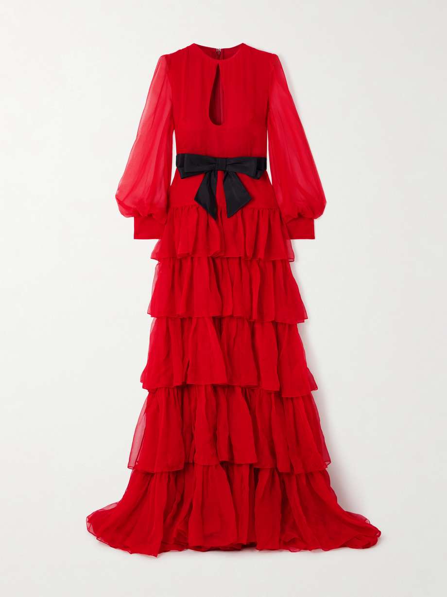 bow-detailed ruffled silk-chiffon gown