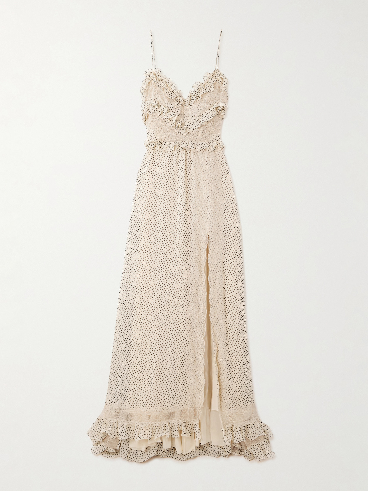 Shop Valentino Lace-trimmed Ruffled Polka-dot Silk-georgette Gown In Neutrals