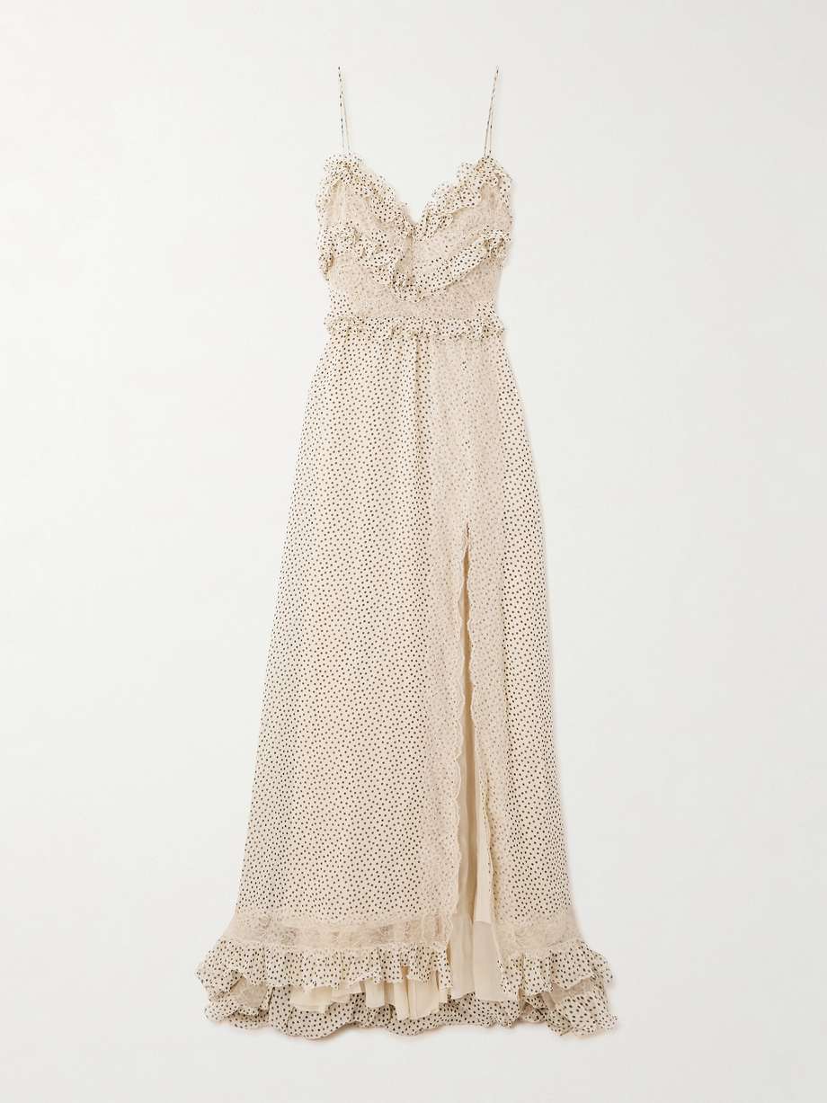 lace-trimmed ruffled polka-dot silk-georgette gown
