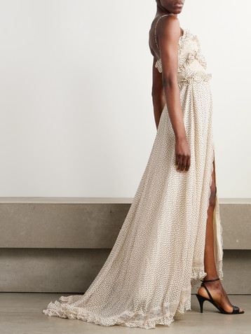 Valentino Lace-trimmed ruffled polka-dot silk-georgette gown