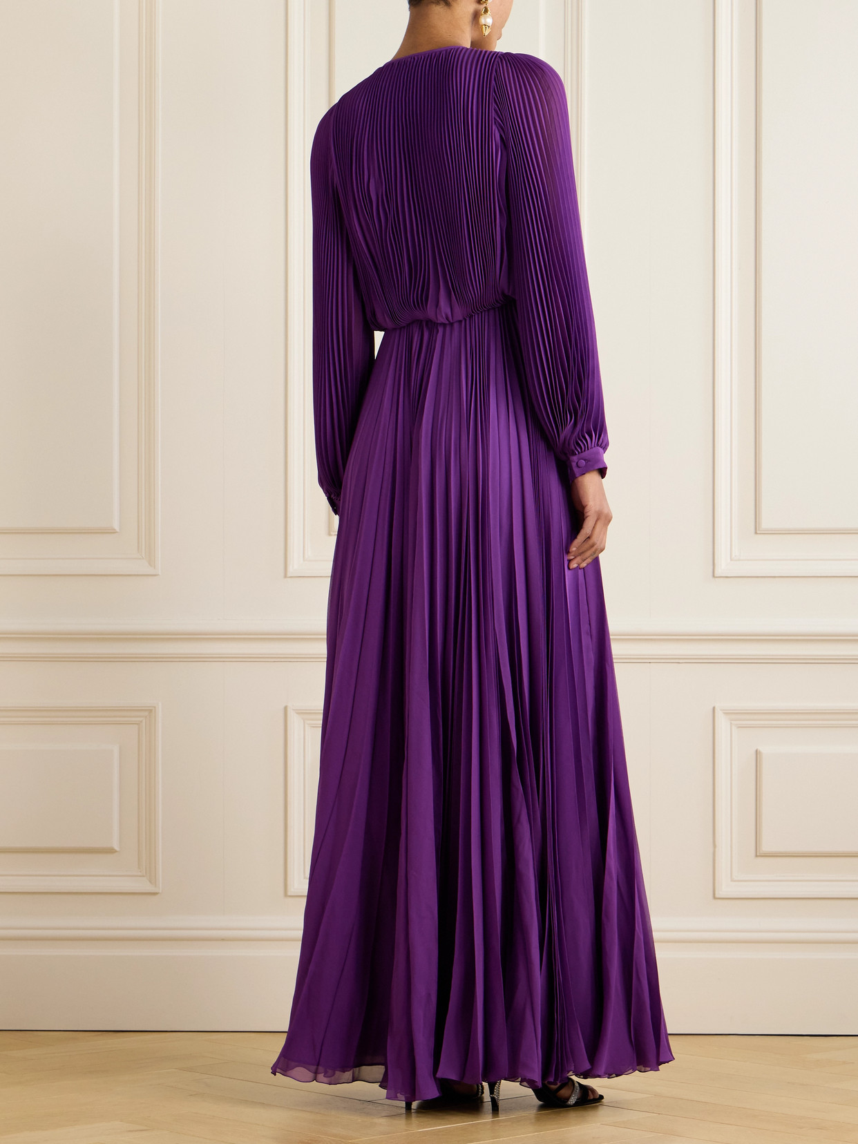 Shop Valentino Pleated Silk-crepe Gown In Purple