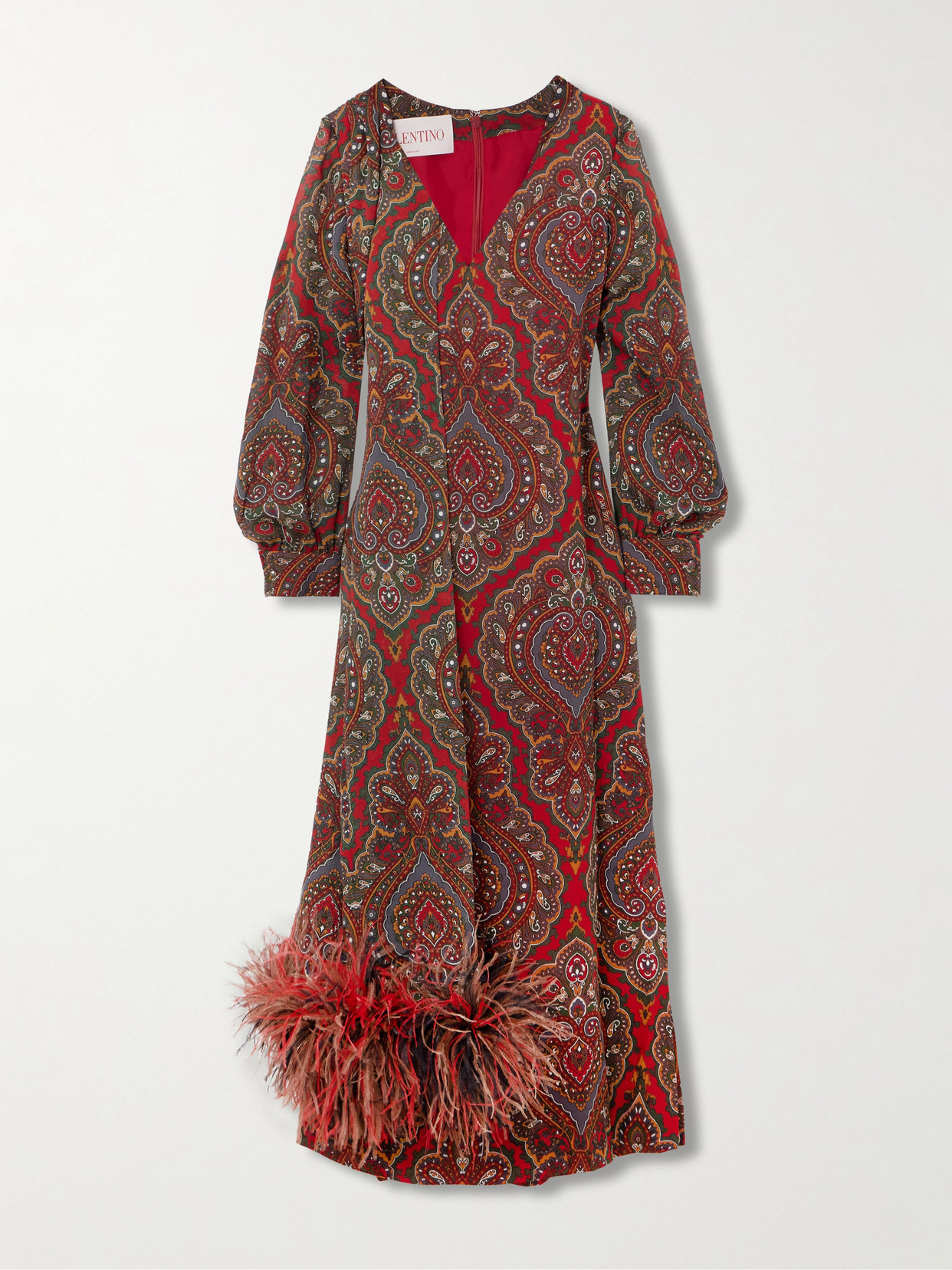 Valentino Feather-trimmed Scarf-detailed Paisley-print Silk-crepe Midi Dress In Red