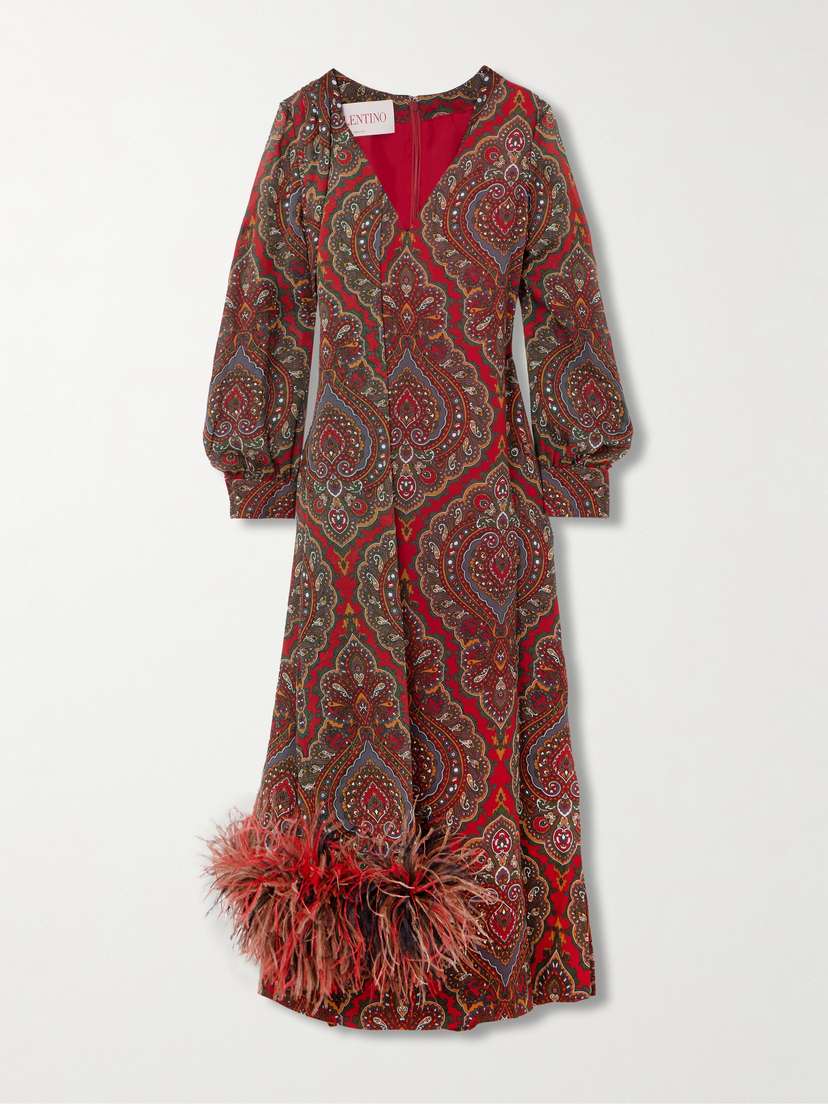 Valentino Garavani Feather-trimmed Scarf-detailed Paisley-print Silk-crepe Midi Dress