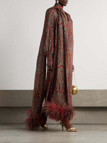 Valentino Feather-trimmed scarf-detailed paisley-print silk-crepe midi dress