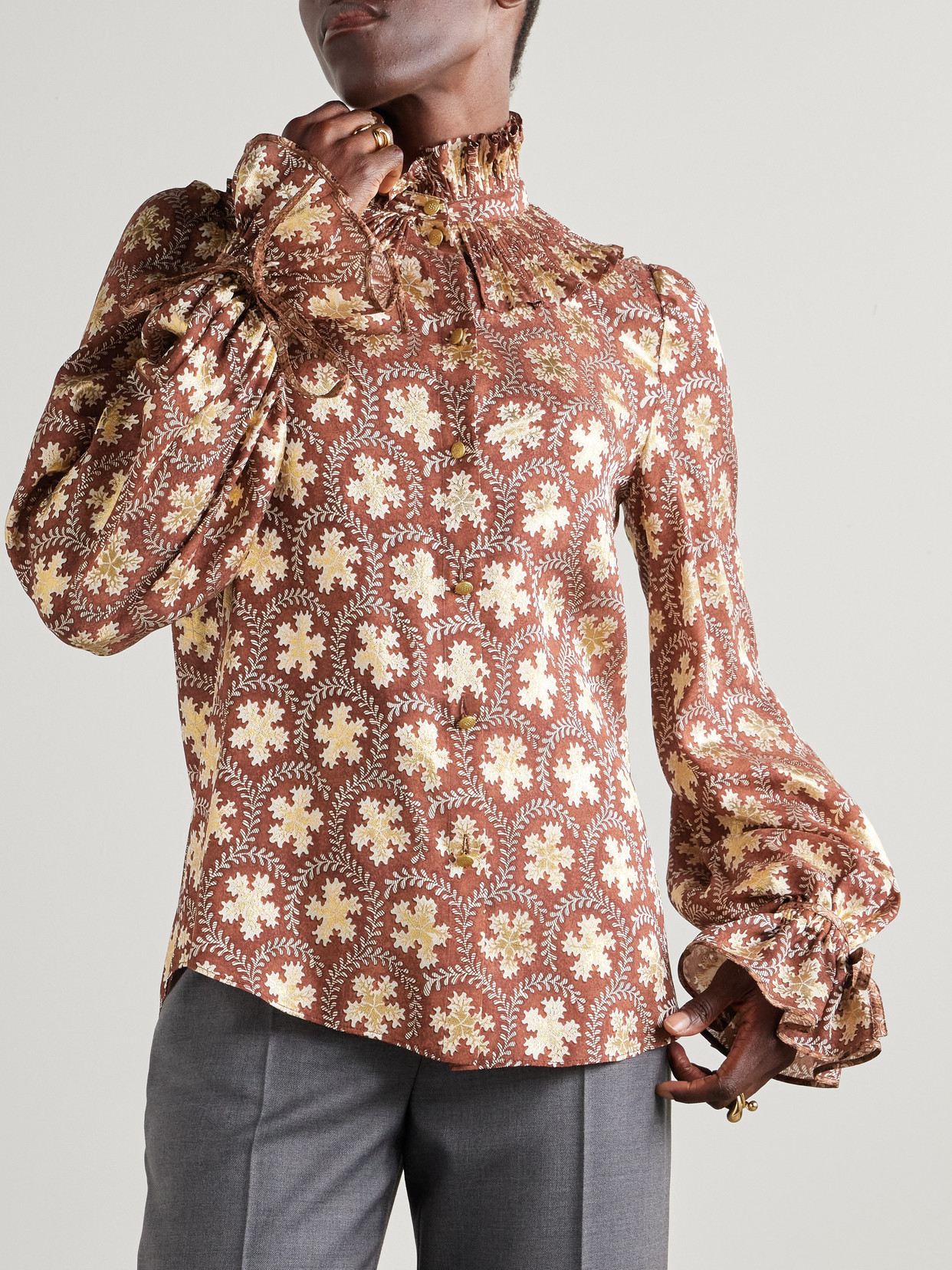 Garavani - Ruffled Metallic Silk-Blend Blouse