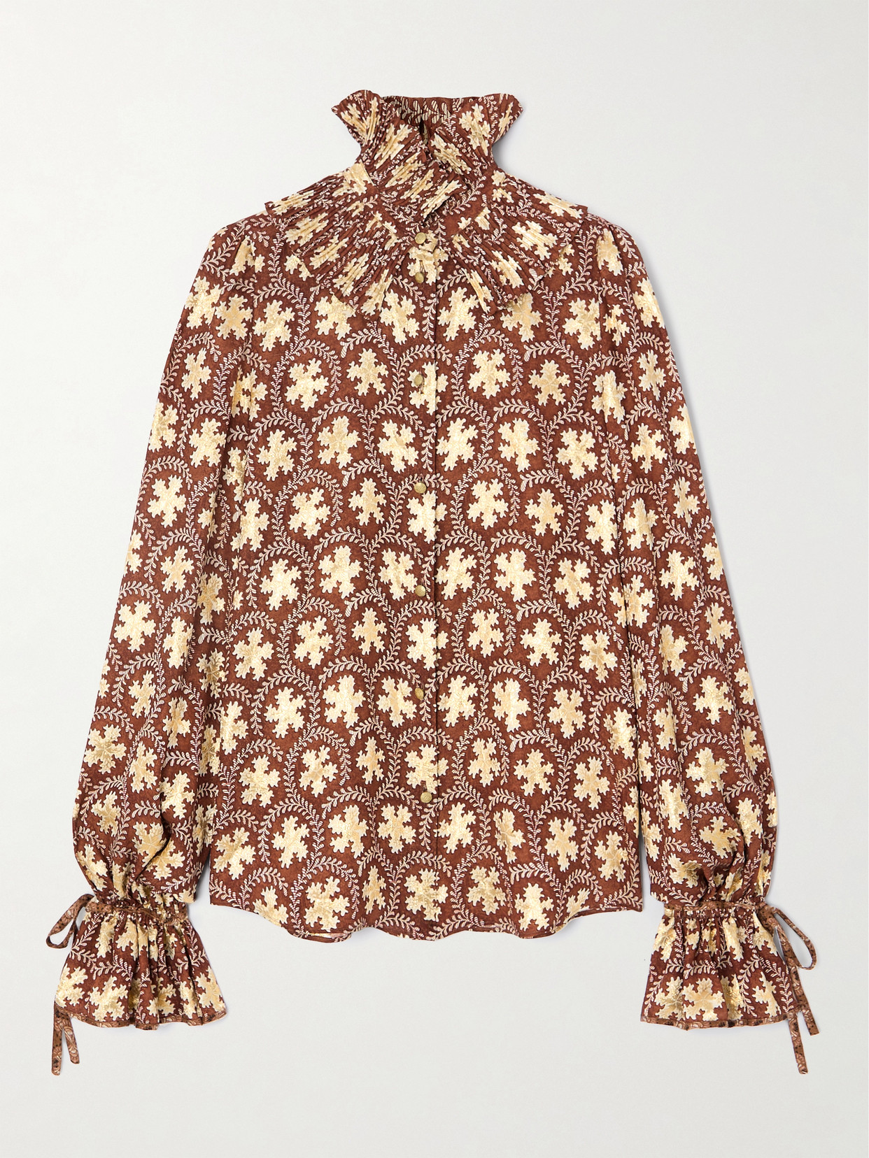 Valentino Ruffled Metallic Silk-blend Jacquard Blouse In Brown