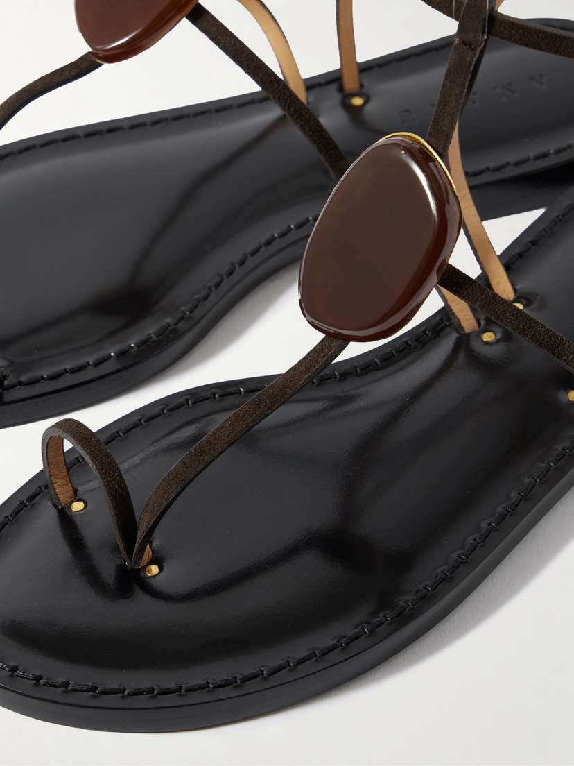 AMANU The Cairo Embellished Suede Sandals - detail view in Brown