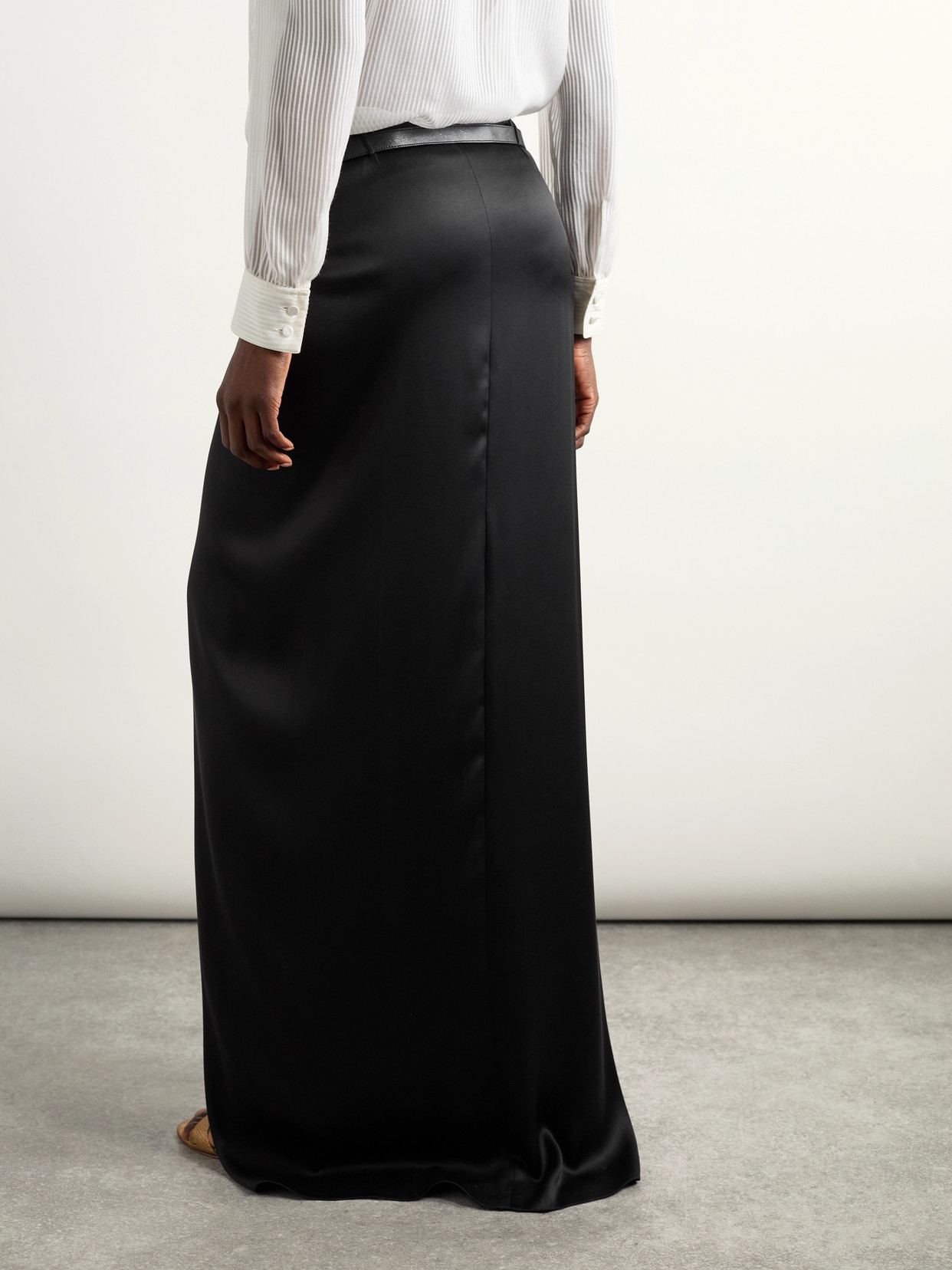 Leather-Trimmed Silk-Satin Maxi