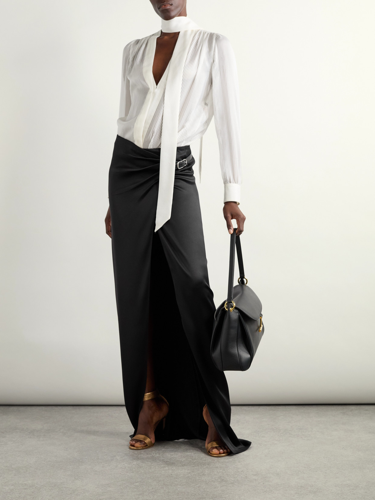 Leather-Trimmed Silk-Satin Maxi