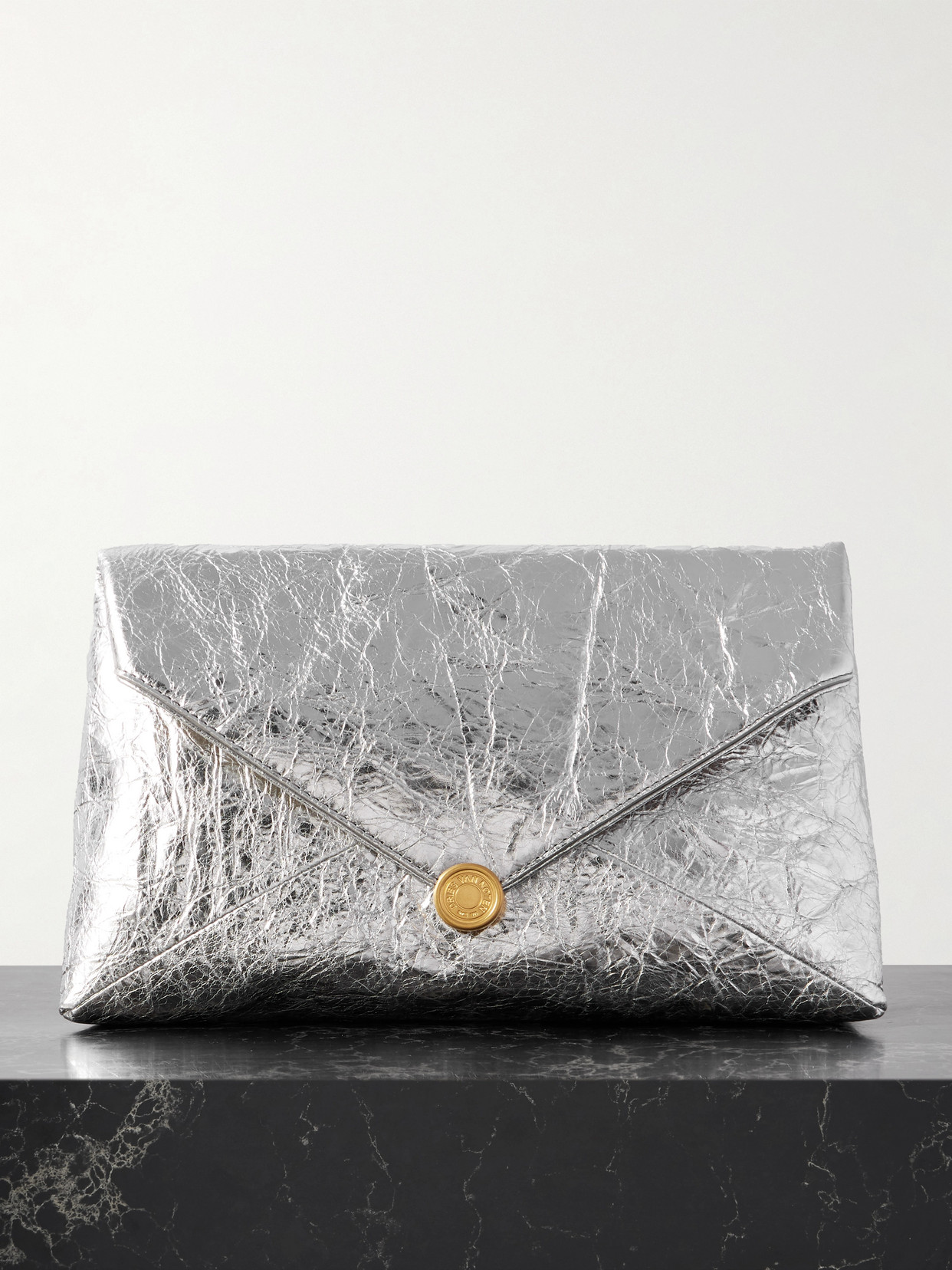 Dries Van Noten Metallic Textured-leather Clutch In Silver