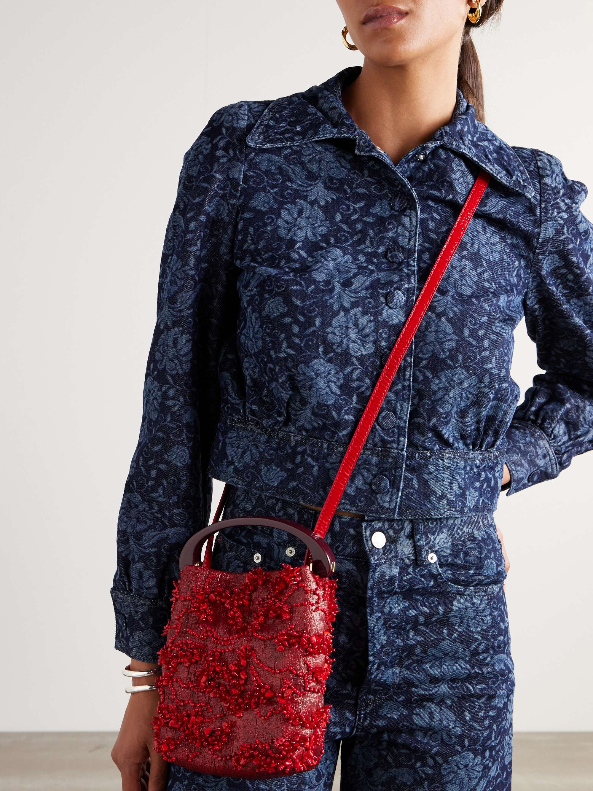 Red Bead-embellished metallic jacquard shoulder bag | DRIES Red Bead-embellished metallic jacquard shoulder bag | DRIES