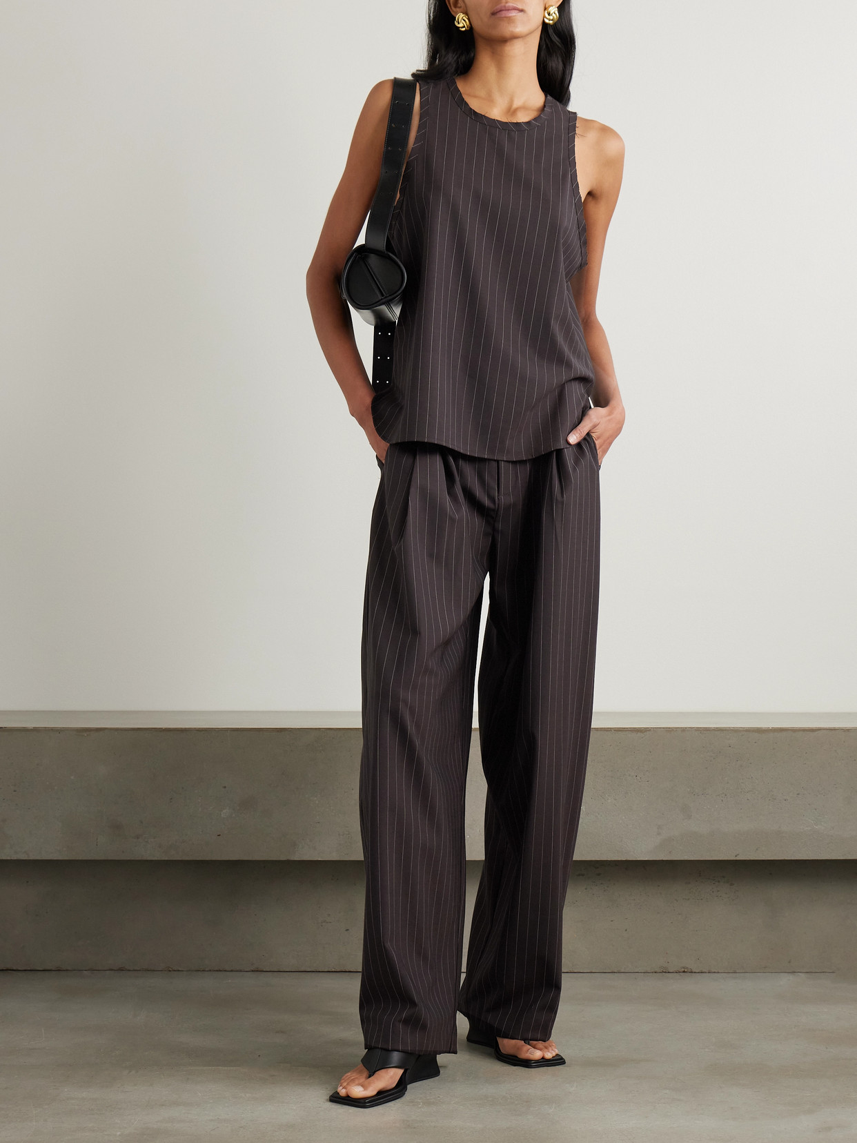St Agni Distressed Pinstriped Wool-blend Tank In Brown