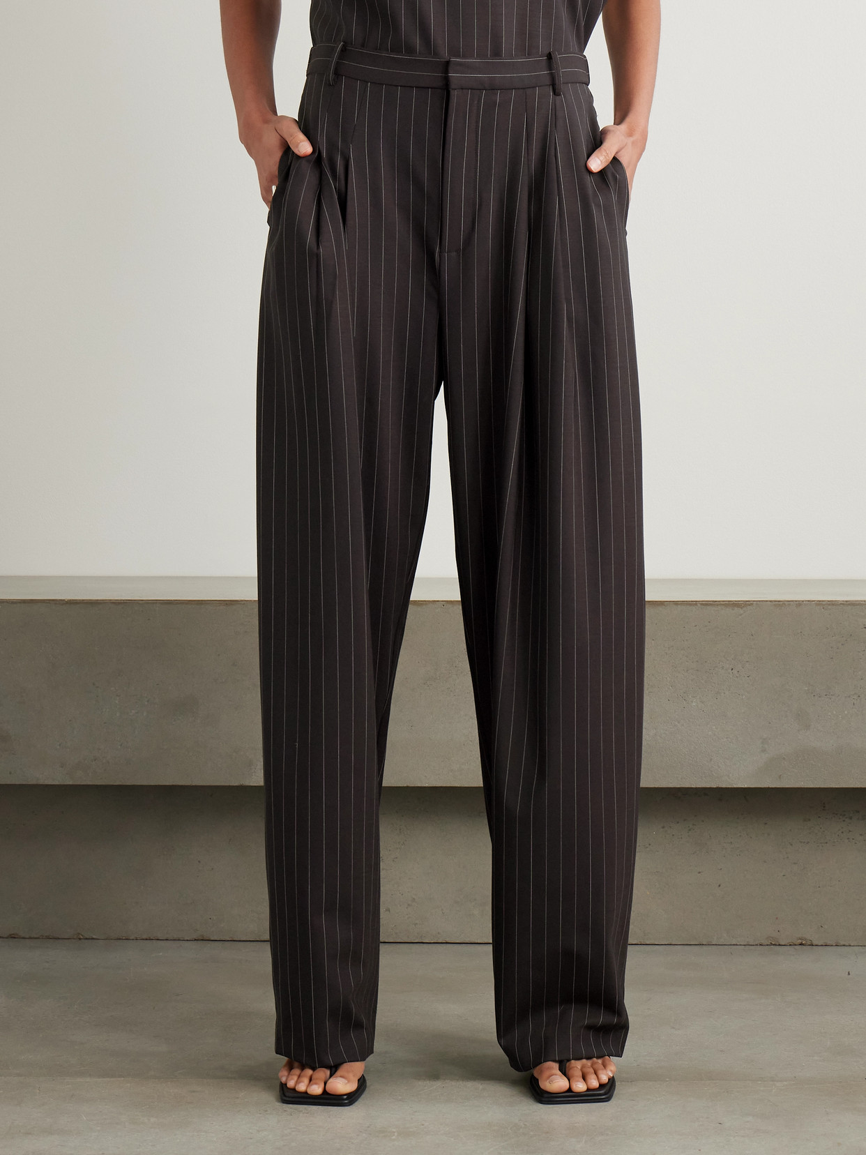 St Agni Pinstriped Pleated Wool-blend Wide-leg Pants In Brown