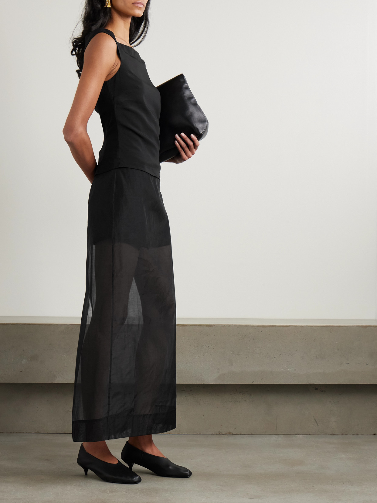 St Agni Leather-trimmed Organic Cotton-blend Tulle Maxi Skirt In Black