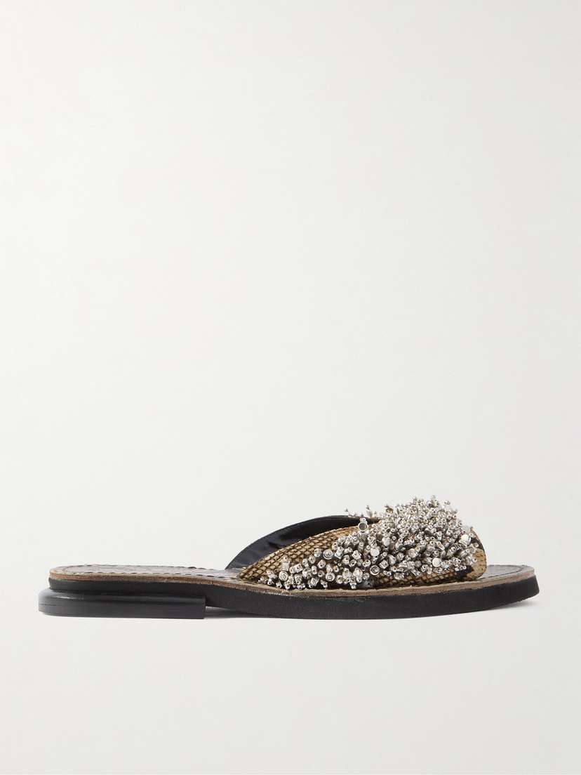 Dries Van Noten Embellished Snake-effect Leather Slides