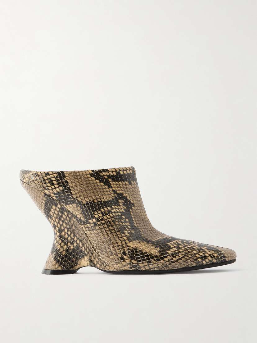 Dries Van Noten Snake-effect Leather Wedge Mules