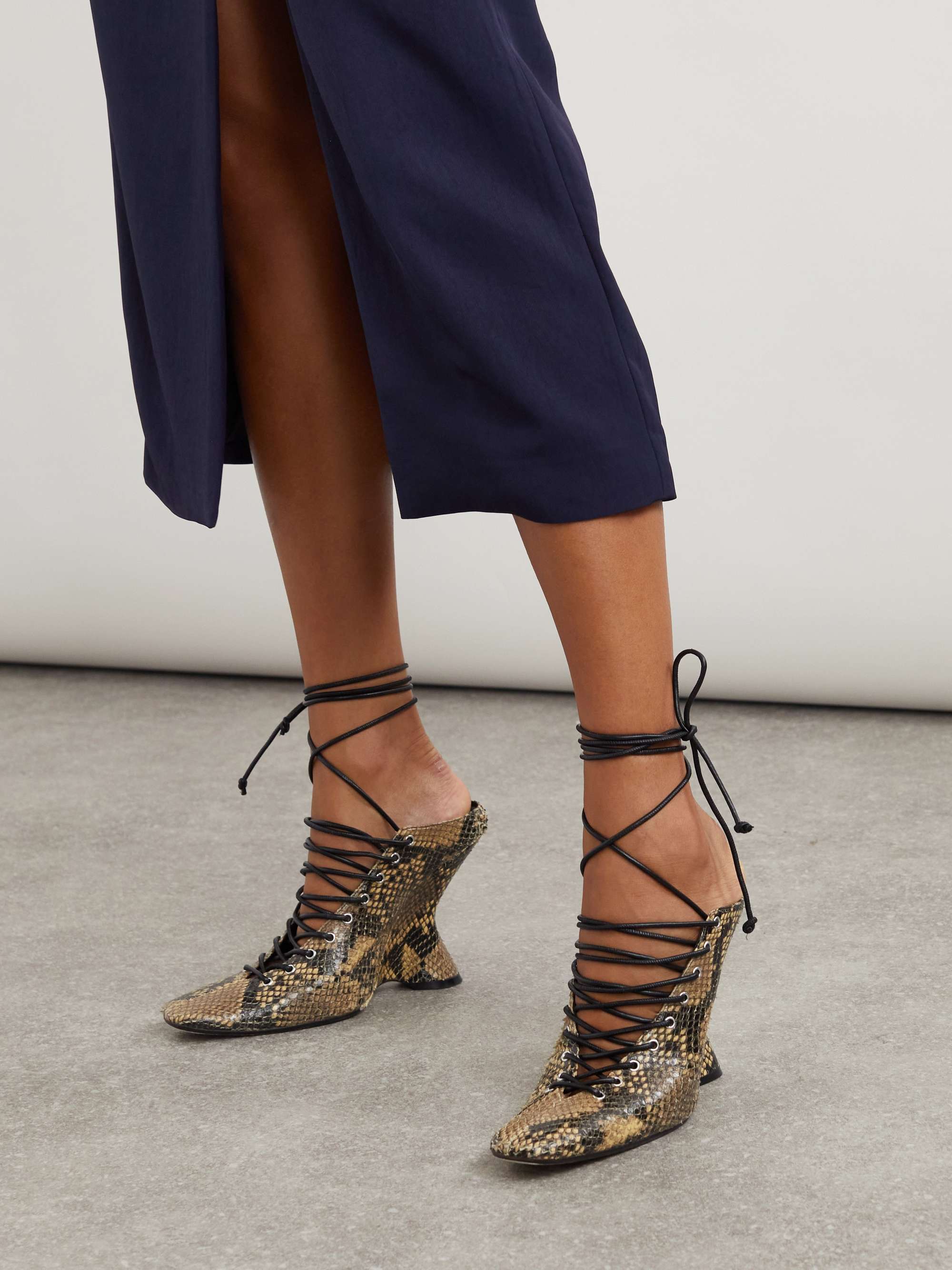 DRIES VAN NOTEN Lace-up snake-effect leather wedge pumps