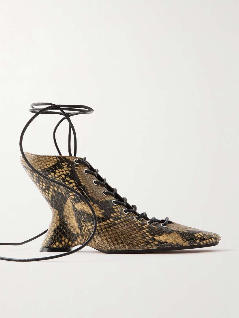 Dries Van Noten Lace-up Snake-effect Leather Wedge Pumps