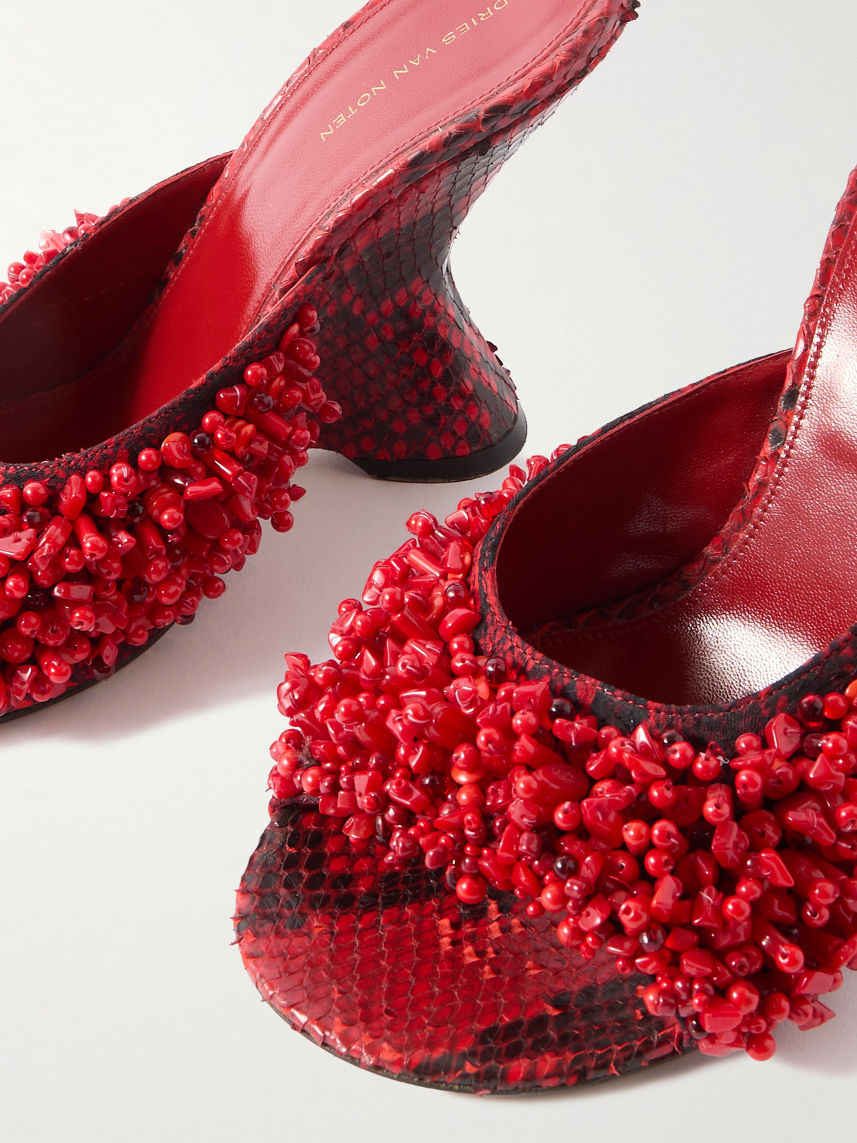 DRIES VAN NOTEN BEAD-EMBELLISHED SNAKE-EFFECT LEATHER WEDGE MULES
