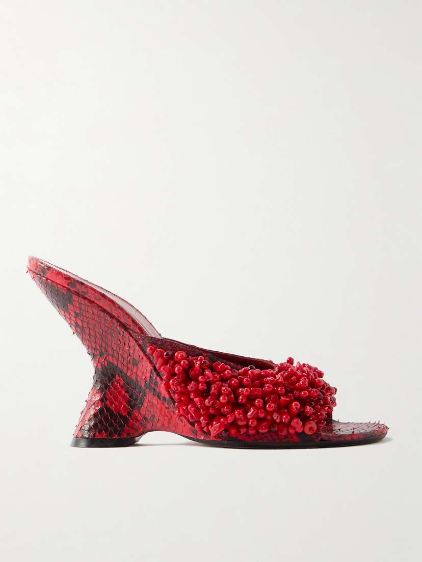 Dries Van Noten Bead-embellished Snake-effect Leather Wedge Mules
