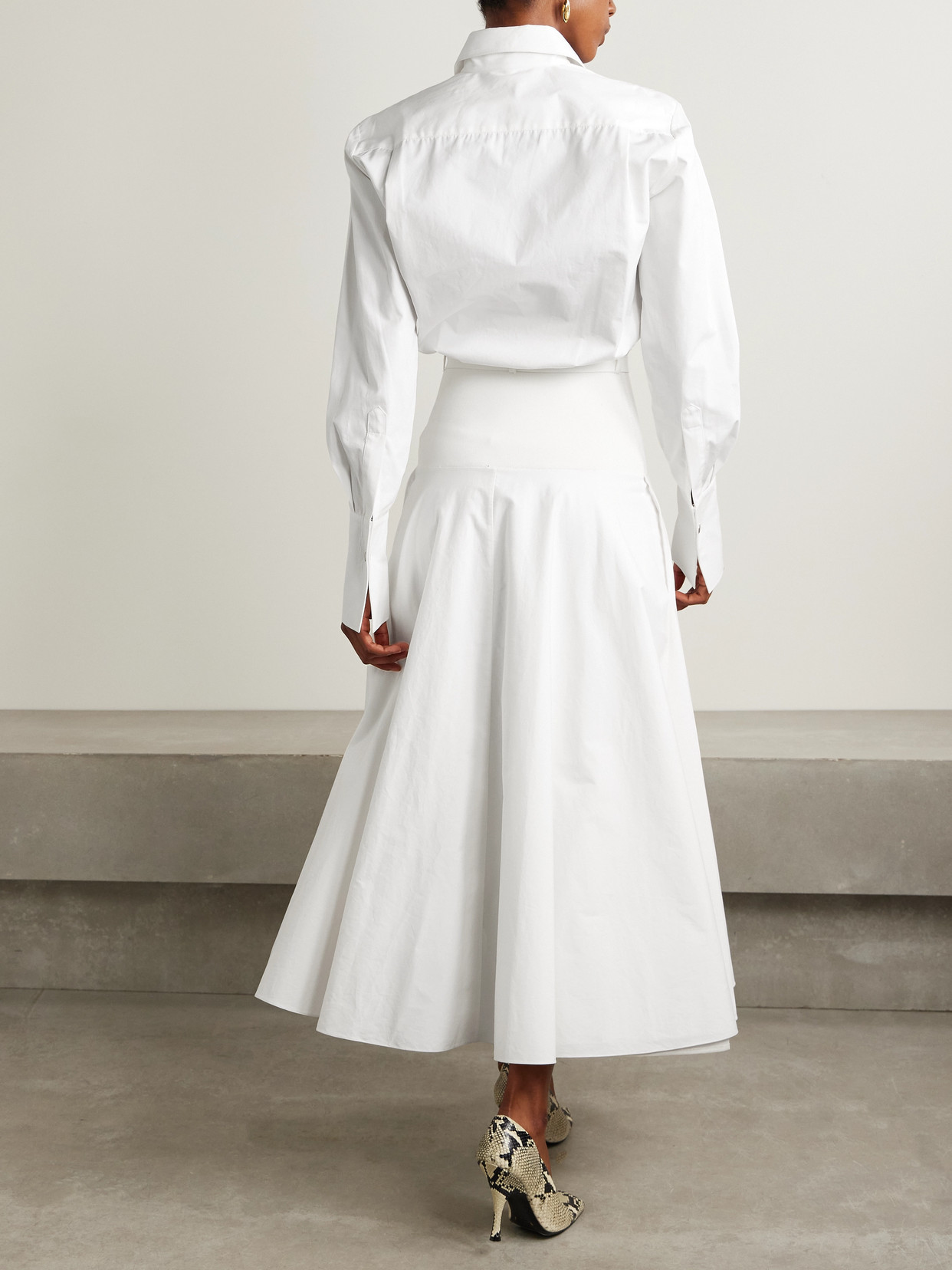 Brandon Maxwell The Judith Belted Stretch Knit-trimmed Cotton-poplin Midi Shirt Dress In White
