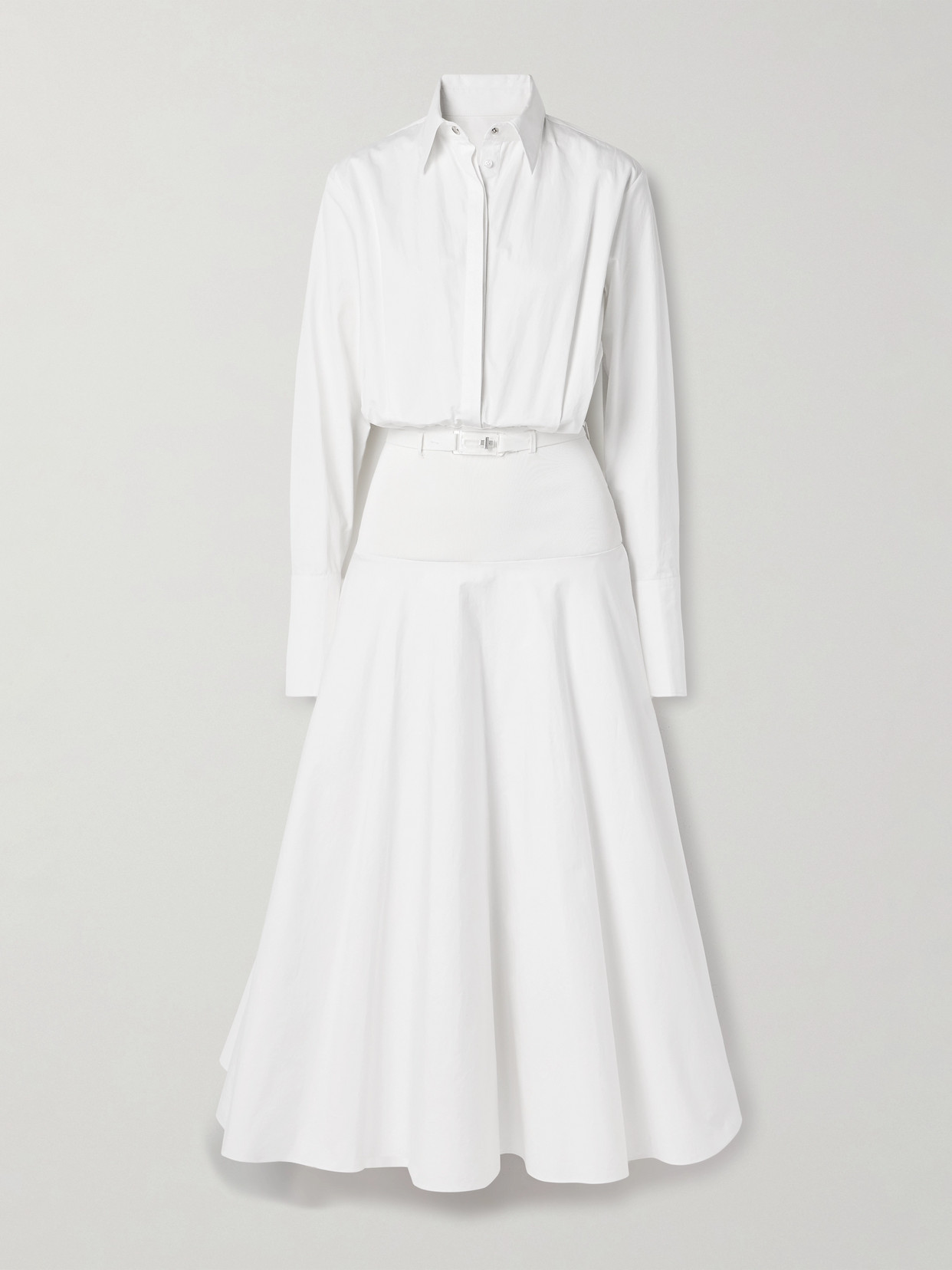 Brandon Maxwell The Judith Belted Stretch Knit-trimmed Cotton-poplin Midi Shirt Dress In White