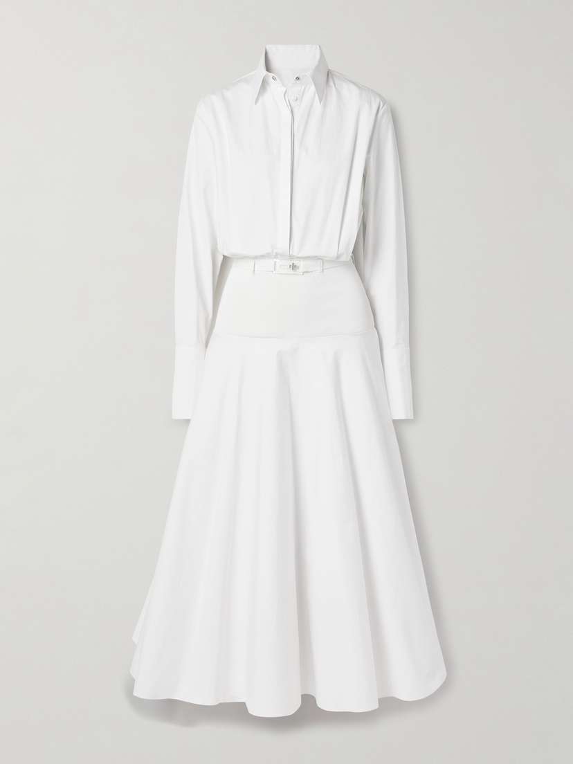 Brandon Maxwell The Judith Belted Stretch Knit-trimmed Cotton-poplin Midi Shirt Dress
