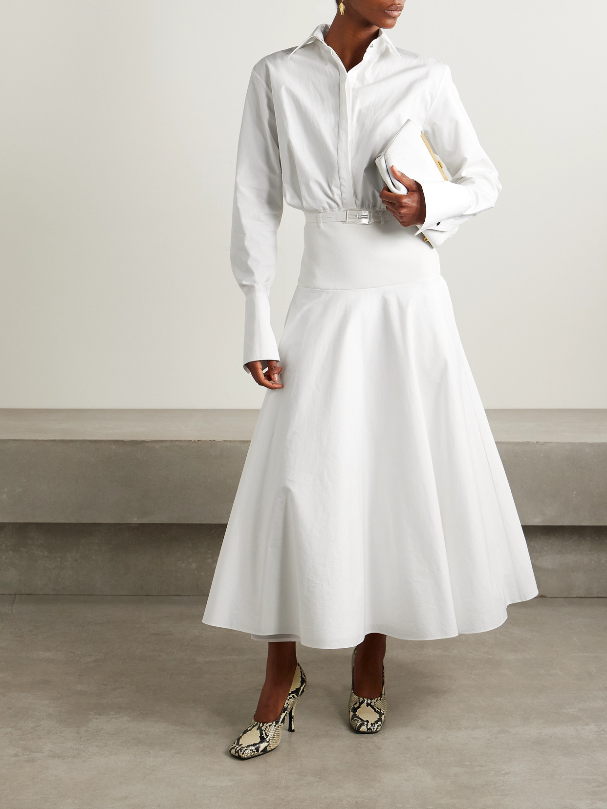 Brandon Maxwell The Judith Belted Stretch Knit-trimmed Cotton-poplin Midi Shirt Dress In White