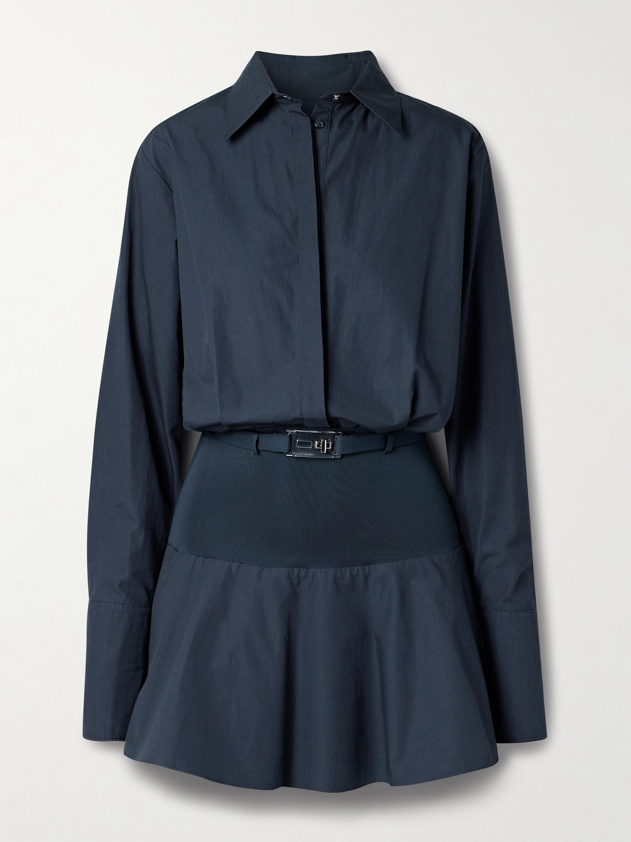 Brandon Maxwell The Irene Belted Stretch Knit-trimmed Cotton-poplin Mini Shirt Dress In Blue